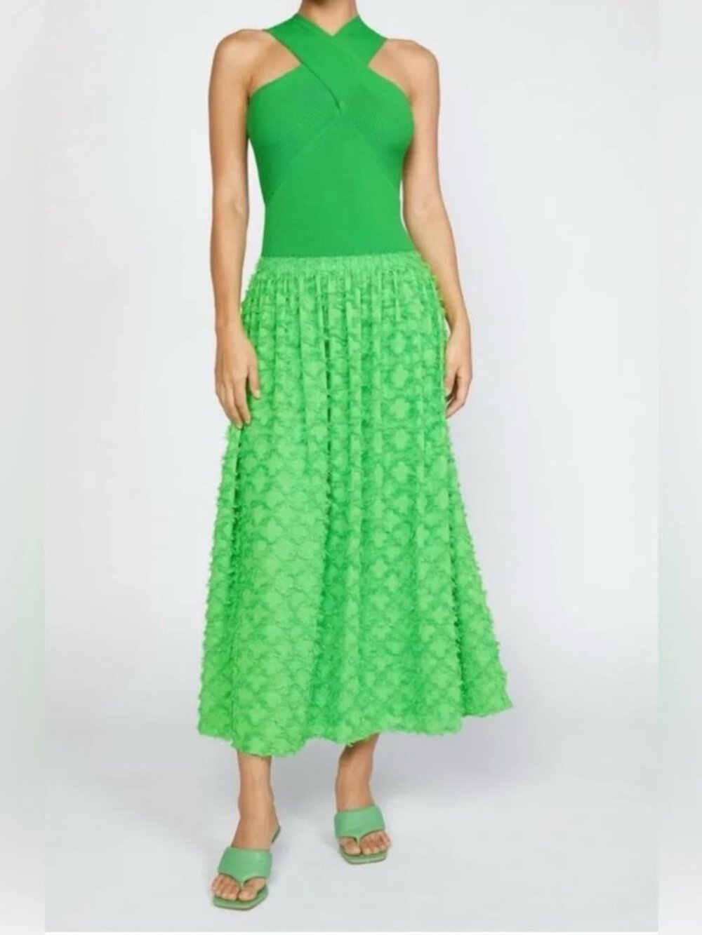 Current Air Fringe Halter Knit Dress S Green Fit Flare NWT